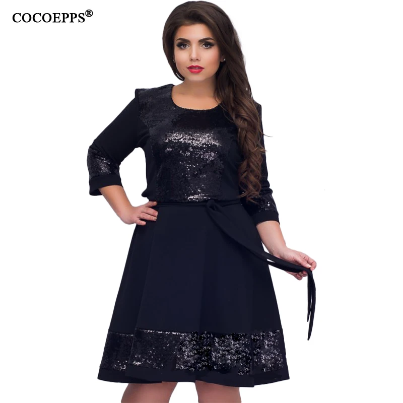 

COCOEPPS New Plus Size Women Clothing Dress Fashionable Elegant Women Sequins Dresses Big Sizes Casual O-neck Dress Vestidos