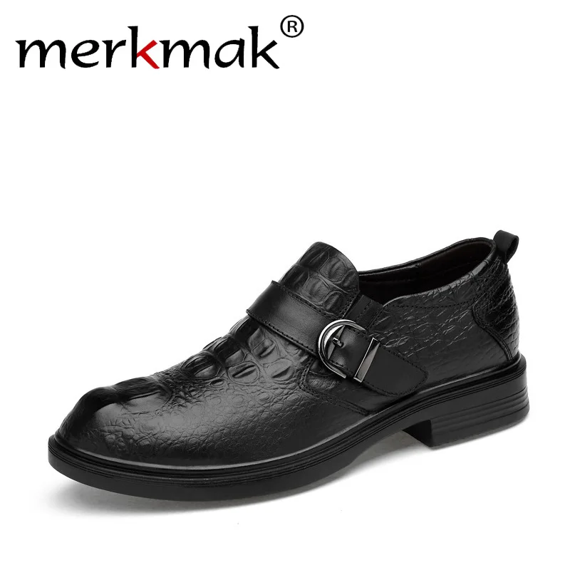 

merkmak 2018 New Men Dress Shoes Formal Wedding Genuine Leather Shoes Brand Business Office Men's Flats Oxfords For Men