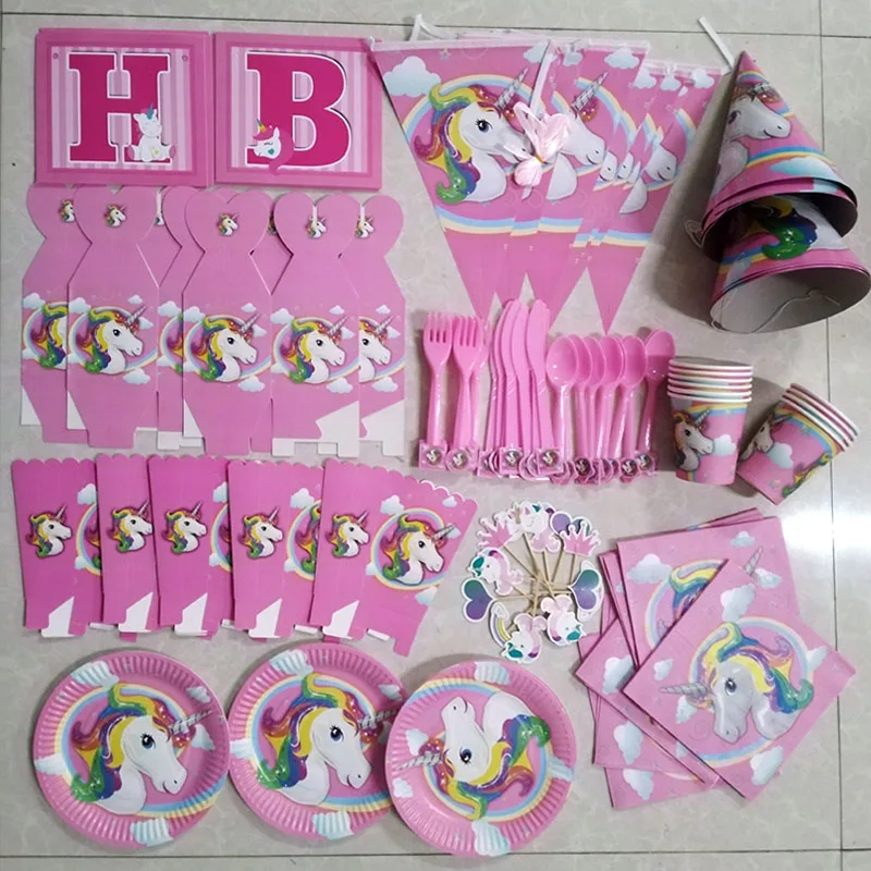 Unicorn Party Kits Pink Unicorn Plate Cup Napkins Cake Toppers For Girl Birthday Party Decorations Baby Shower Garlands Supplies