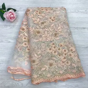 

French Lace Fabric High Quality Tulle French Pink Color Latest design African Lace 2019 Beaded Lace Fabric 5yards/lot