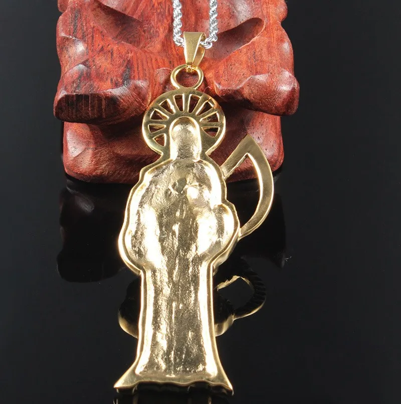 Hip Hop Vintage Holy Saint Death Santa Muerte Skull Biker Pendant Golden  Necklace Stainless Steel Man Women Religious Jewelry