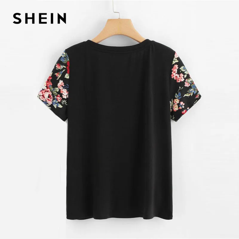 SHEIN Модная Футболка С Цветочным Принтом Цветочные Женские Повседневные Летние Топы С Коротким Рукавом