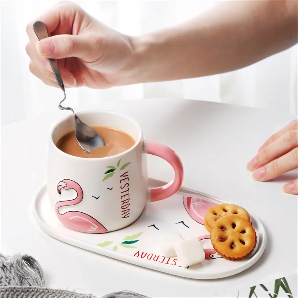 

Cute Cartoon Mug With Tray Set Pink Flamingo Leaf Pattern Breakfast Milk Coffee Mug With Spoon Home Drinkware Children Gift