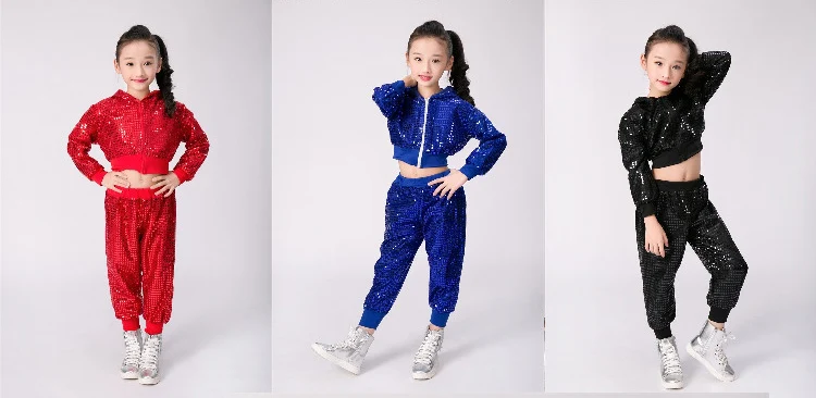 Детские танцевальные костюмы для девочек, одежда для джазовых выступлений пальто с блестками и длинными рукавами+ штаны, 2 предмета, 5 цветов, танцевальный костюм в стиле хип-хоп