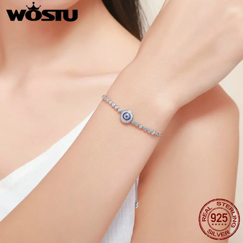 Женский браслет WOSTU из натуральной 925 пробы, серебряный, голубой глаз, Теннисный Браслет, регулируемый браслет-цепочка, ювелирные изделия из стерлингового серебра FIB033