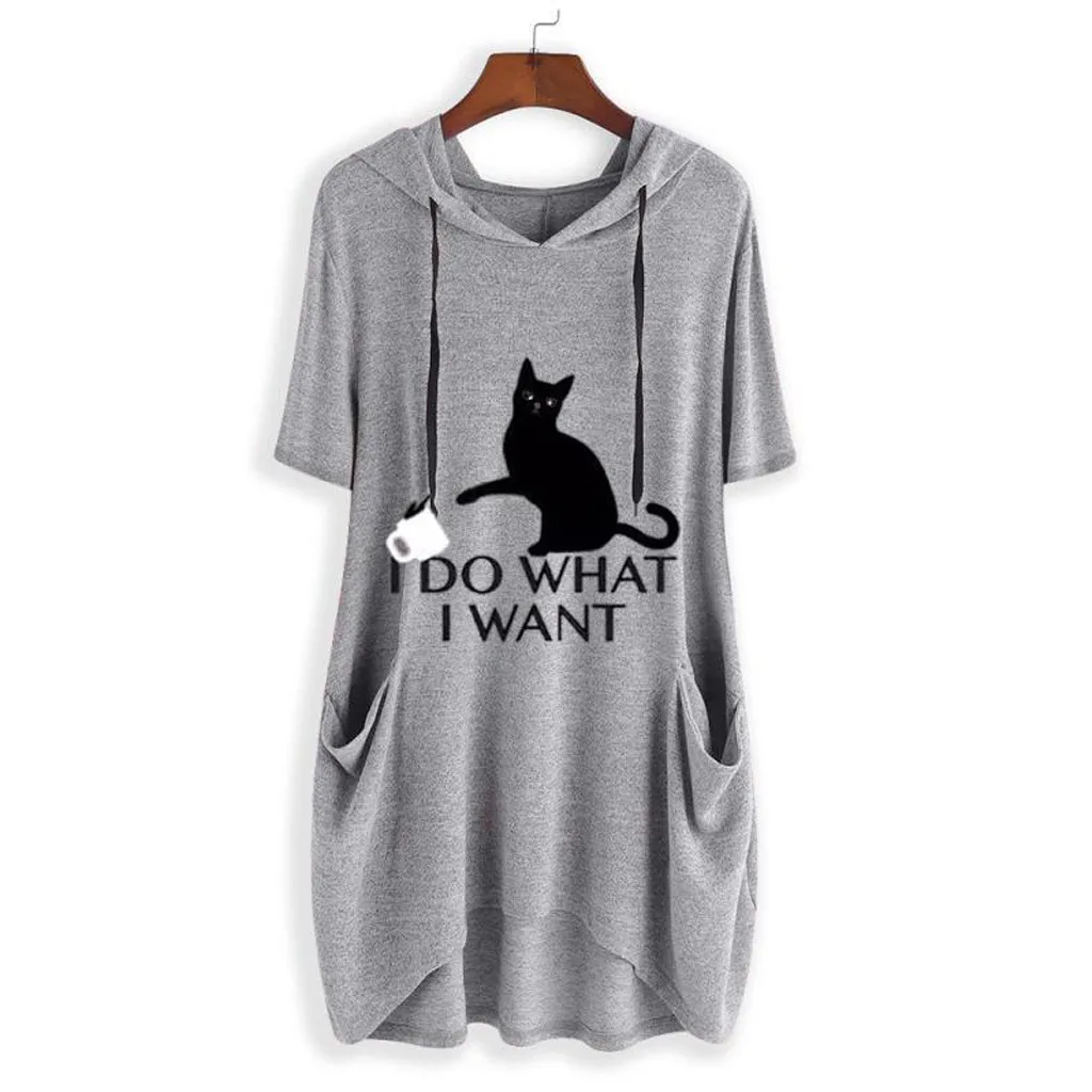 

Women Casual Print Cat Ear Hooded Blouse Letter I do want I want Short Sleeves Pocket Top Blouse Shirt Ropa Verano Mujer @30