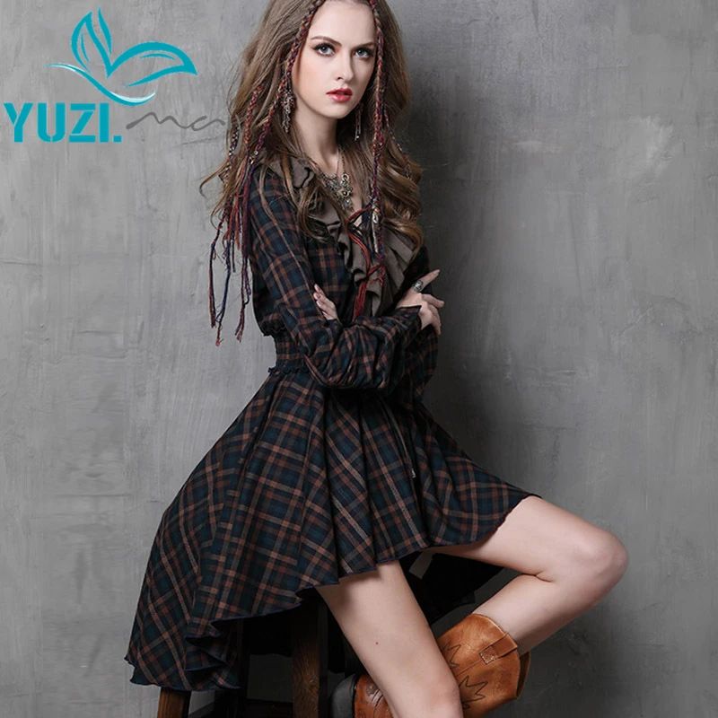 Vestidos Femininos 2015 Yuzi осень новый урожай хлопка платье плед лоскутная v образным
