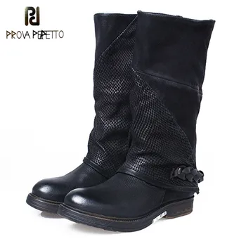 

Prova Perfetto New Style Women Genuine Leather belt Buckle Patchwork Knight Boots Round Toe Thickness Bottom Woman Flat Boots