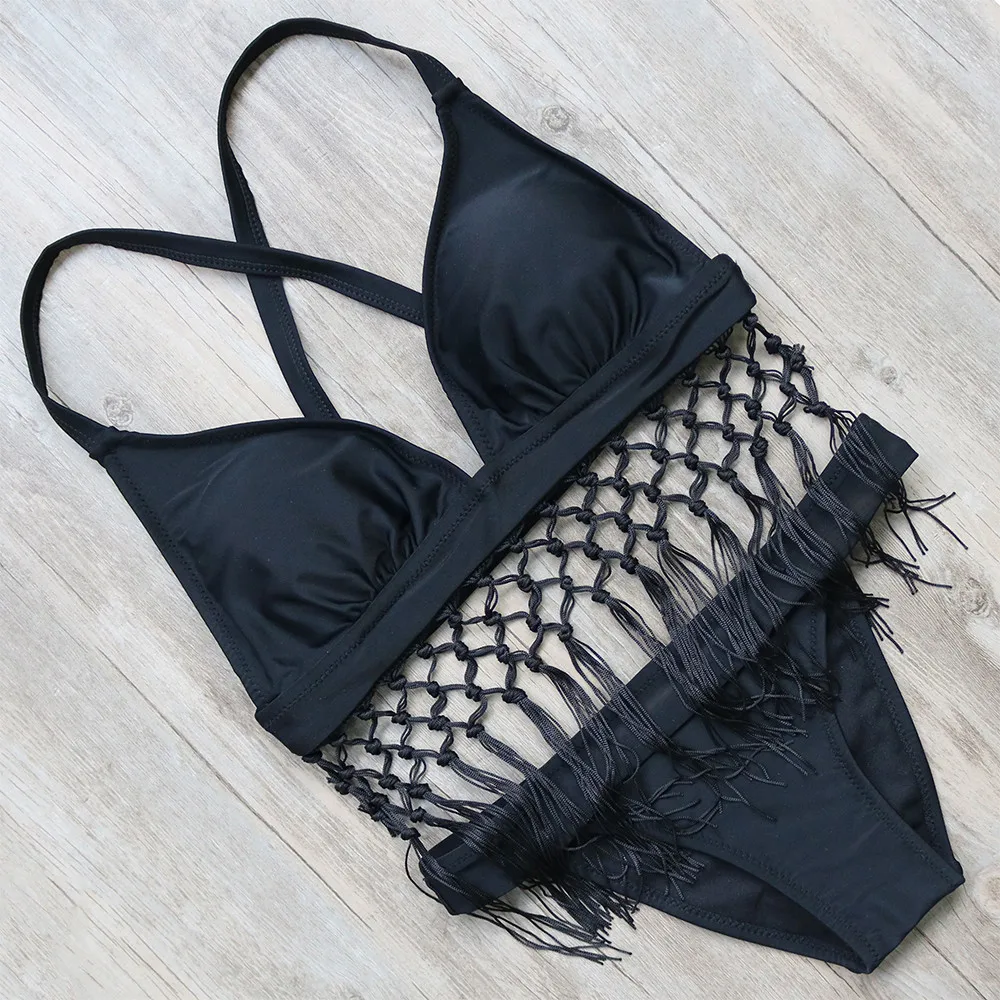Сексуальный Холтер Топ Бикини Набор Черный кисточкой купальник с низкой