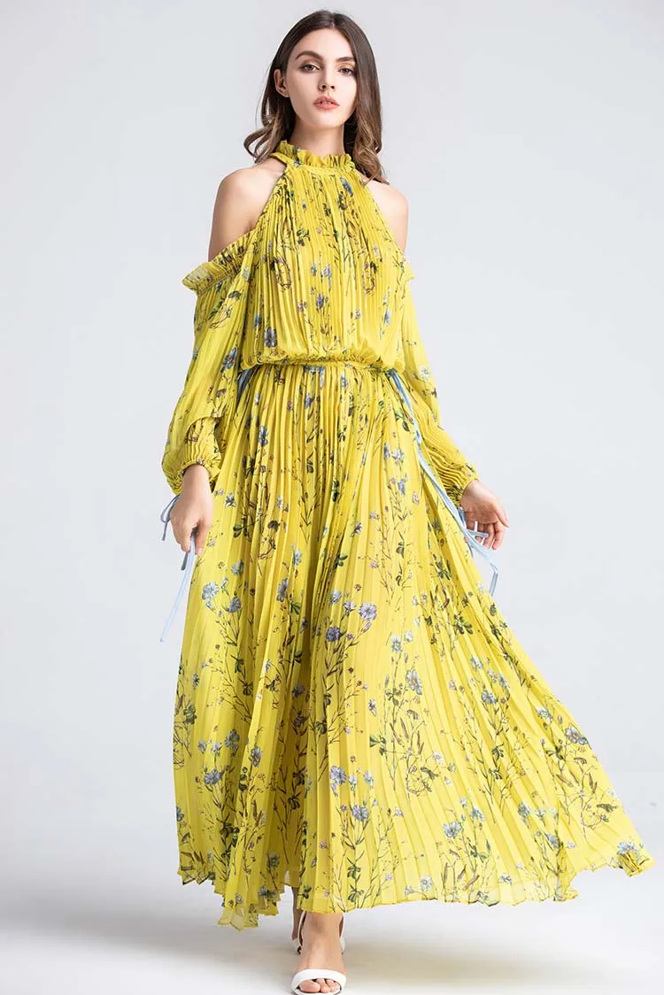yellow AELESEEN, подиум, желтое платье, элегантное, лето, с открытыми плечами, с лямкой через шею, рукав-фонарик, бант, цветочный принт, плиссированное, роскошное, длинное платье - Цвет: yellow