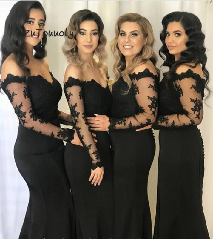 Arabic Black Evening Dresses Long Sleeves Mermaid Prom Dresses With Slits Elegant Off The Shoulder Satin Long Formal Dance Dress