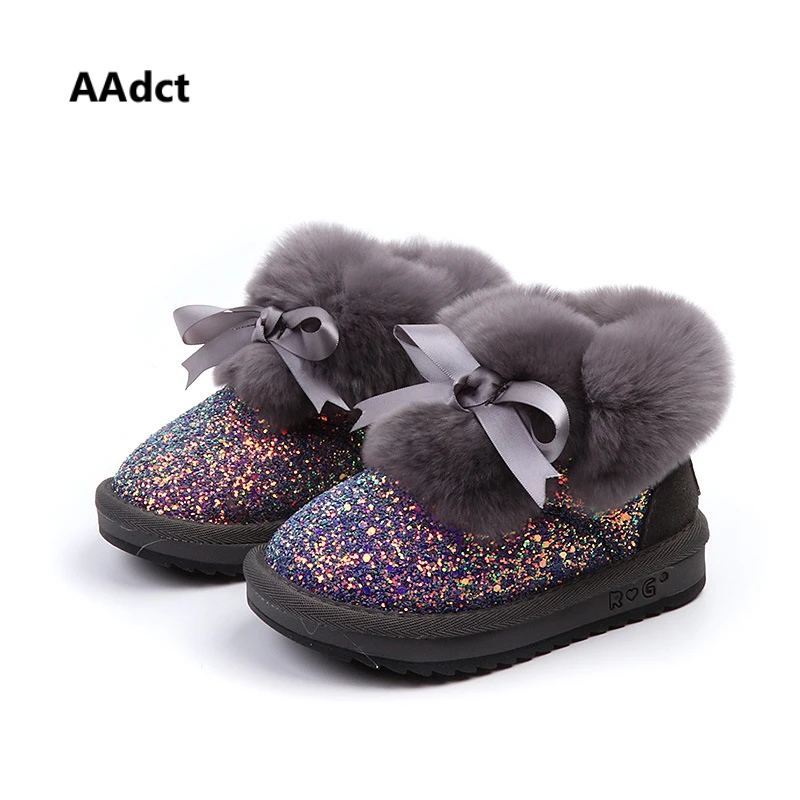 

AAdct Fashion rabbit hairs now boots for glitter girls 2018 winter warm new children's boots Shinning non-slip kids boots