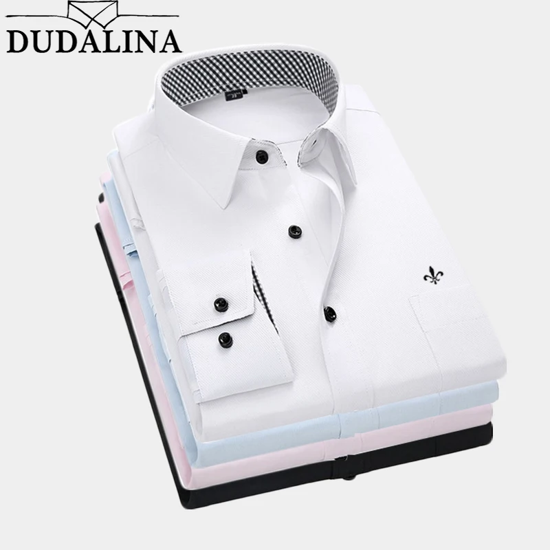 Dudalina, мужская рубашка размера плюс, с карманами, с длинным рукавом, классические мужские рубашки, официальная, деловая рубашка, мужская, с вышитым логотипом, M-5XL