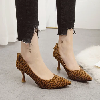 

2019 new stiletto high heel single shoes female black leopard point pointed high heels sexy shoes nightclub shoes