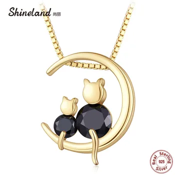 

Shineland Cute Mother and Baby Cat Moon Pendant 925 Sterling Silver Necklaces For Women Girls Animal Charm Collares Bijoux Gift