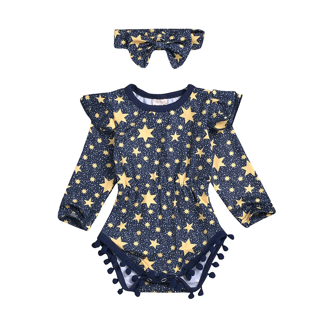 Newborn Infant Baby Girls Tassel Bodysuits Long Sleeve Star Print Baby Bodysuit+Headband Baby Girl Body Suit Onesie Babe Outfit