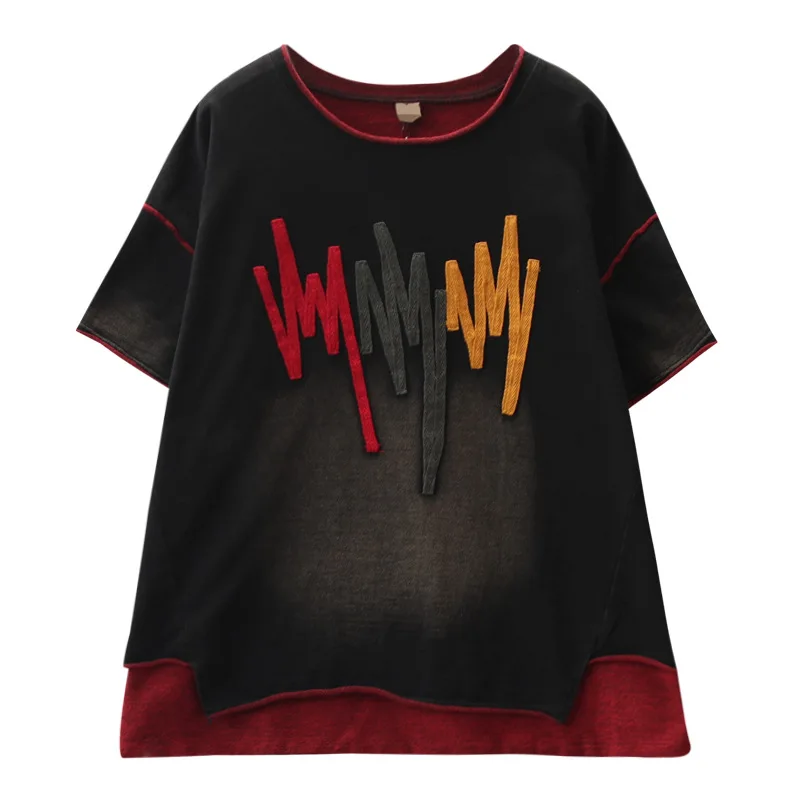Goede Katoenen T Shirts + Broek Toevallige Borduurwerk Pak Voor Vrouwen Patchwork O hals Tees Met Losse Broek Vintage Set Vrouwelijke A0B2Z40