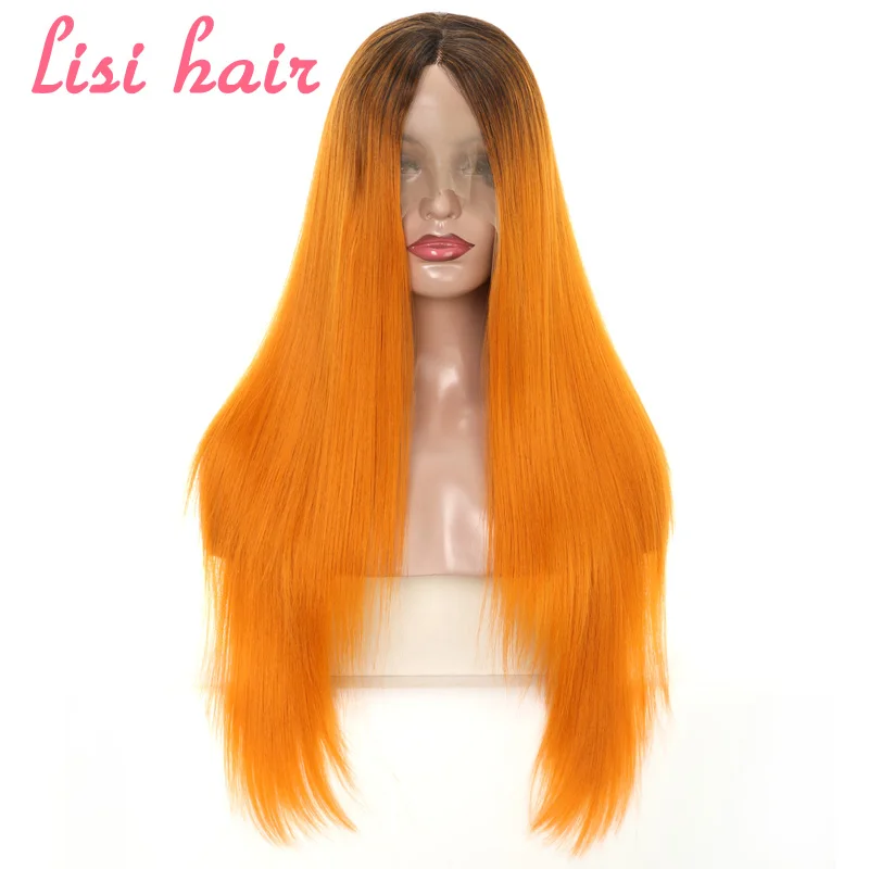 LISI HAIR 26 inches black golden Cyan Pink long Straight Synthetic Front Lace Wigs For Black Women African American hair