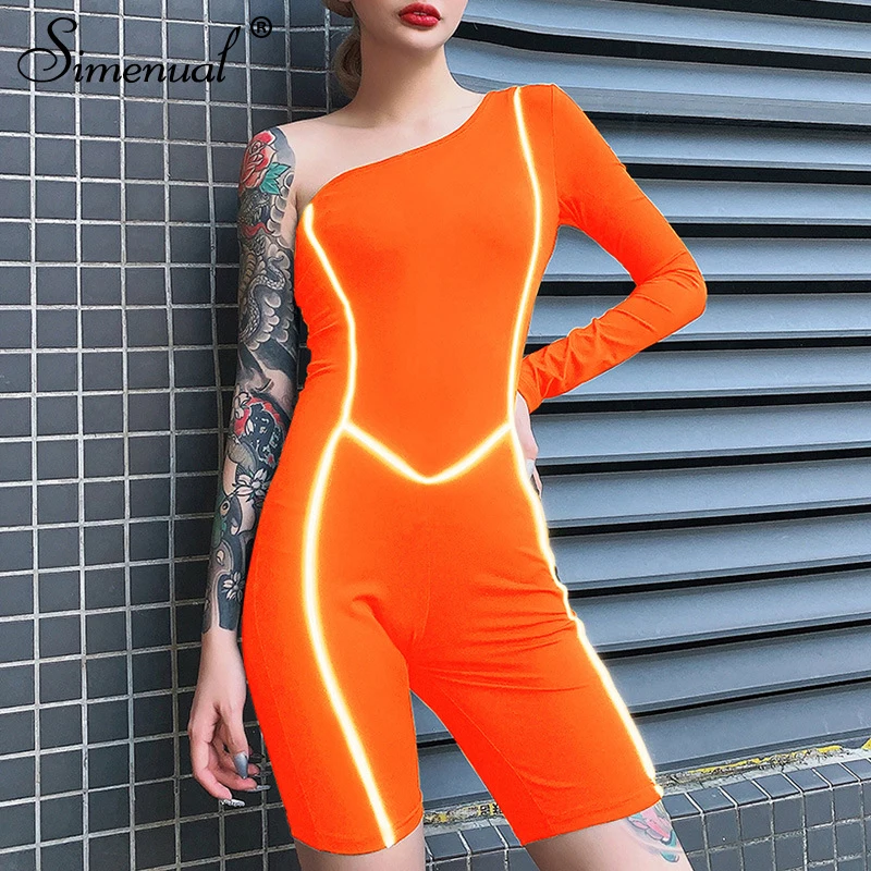 Simenual Neon Reflective Striped Casual Playsuits Fitness Sporty Active Wear One Shoulder Long Sleeve Rompers Womens Jumpsuit Simenual Neon Reflective Striped Casual Playsuits Fitness Sporty Active Wear One Shoulder Long Sleeve Rompers Womens Jumpsuit