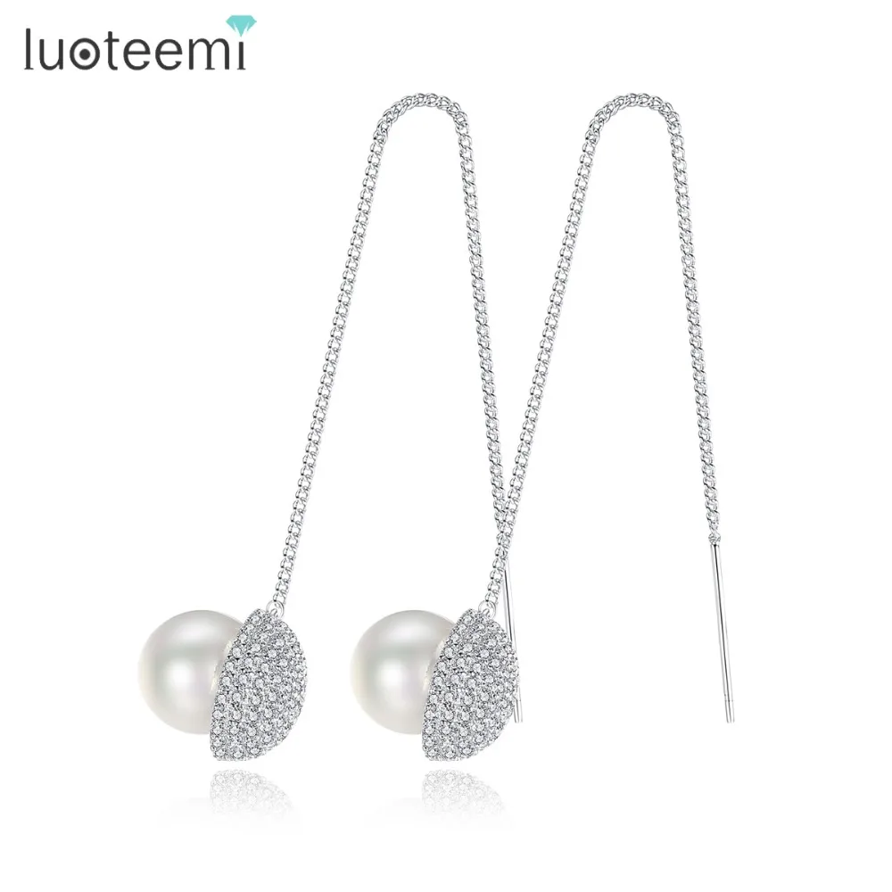 

LUOTEEMI Korea Design Long Chain Single Imitation Pearl Micro Pave Crystal Drop Earrings Brincos Jewelry For Women Birthday Gift