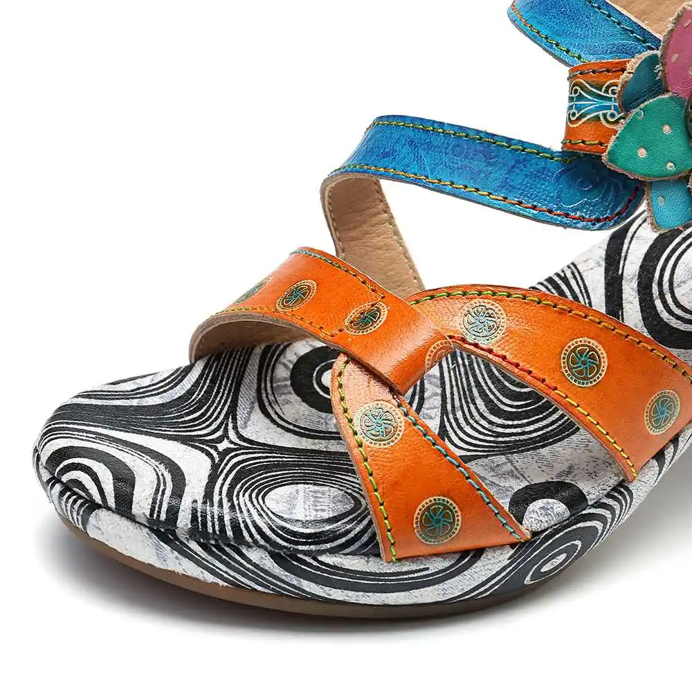SOCOFY/удобные сандалии в стиле ретро; босоножки из натуральной кожи на застежке-липучке с цветочным принтом; элегантная обувь на высоком каблуке; Sandalias Mujer; коллекция года