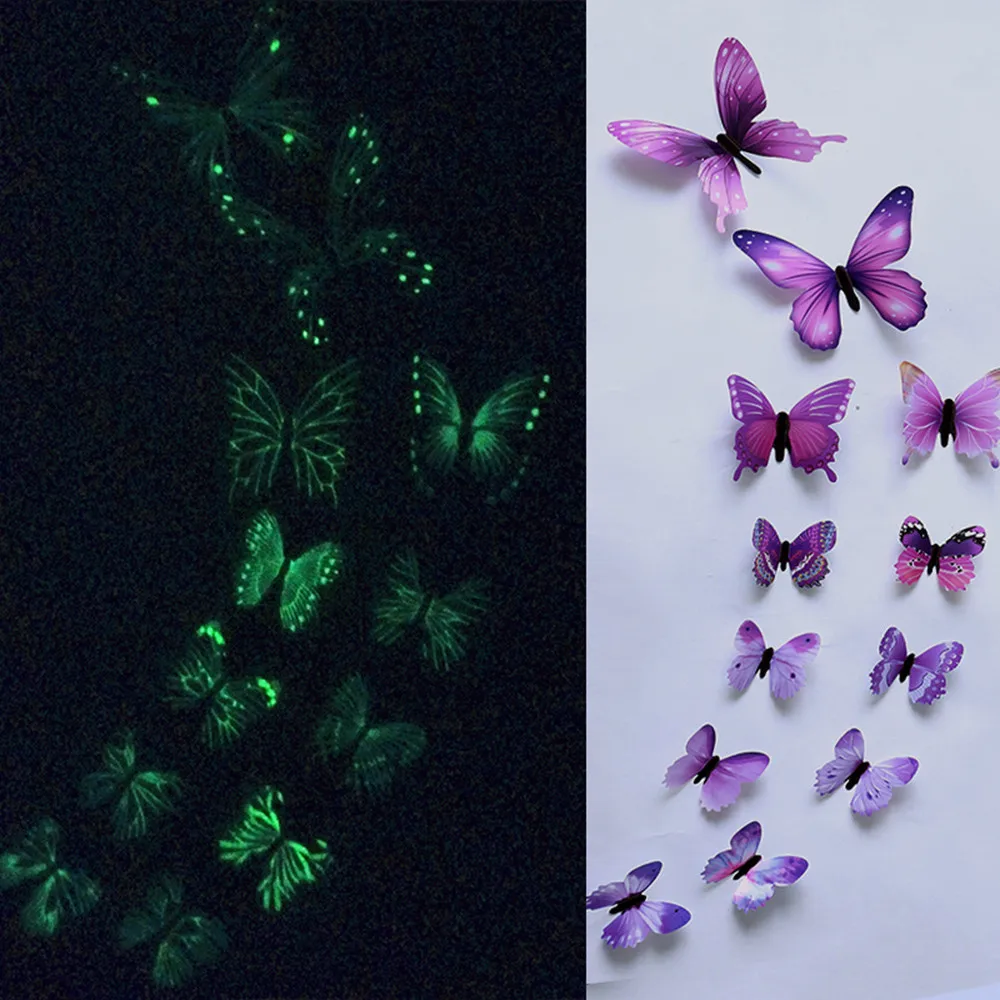 12pcs Luminous Butterfly Design Decal Art Wall Stickers Room Magnetic Home Decor diy stickers stickertjes Wallpaper #sw