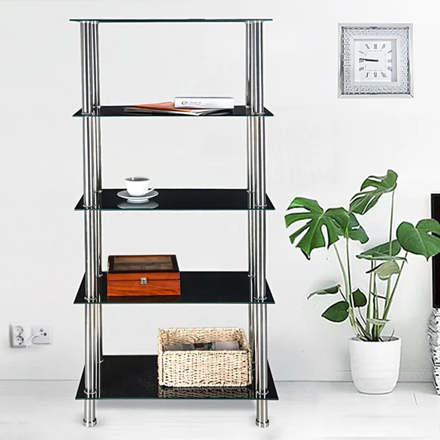 5 Tier Glass Shelf Unit Display Table Storage with Chrome Legs Living