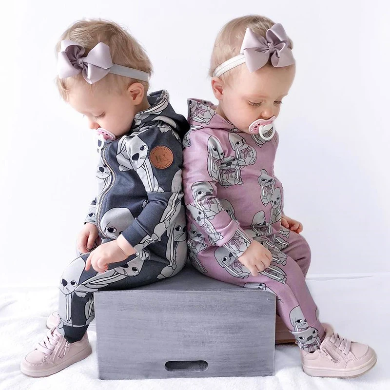 Online Mameluco de bebé con estampado de conejo de Pascua de algodón con capucha para niños recién nacidos onesie niñas ropa de invierno ropa de bebé infantil mono de manga larga