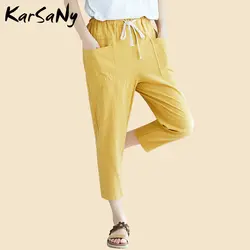 Большие размеры хлопковые льняные брюки женские 2019 желтые шаровары женские летние широкие льняные брюки с высокой талией свободные брюки