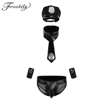 

5Pcs Hot Erotic Adult Mens Sexy Patent Leather Officer Policeman Cosplay Costume Uniforms Brief Cuffs with Cap Tie and Collar