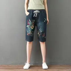 Этническая Стиль вышивка шаровары 2018 джинсы с эластичной резинкой на талии 3/4 брюки Для женщин Винтаж брюки для Для женщин