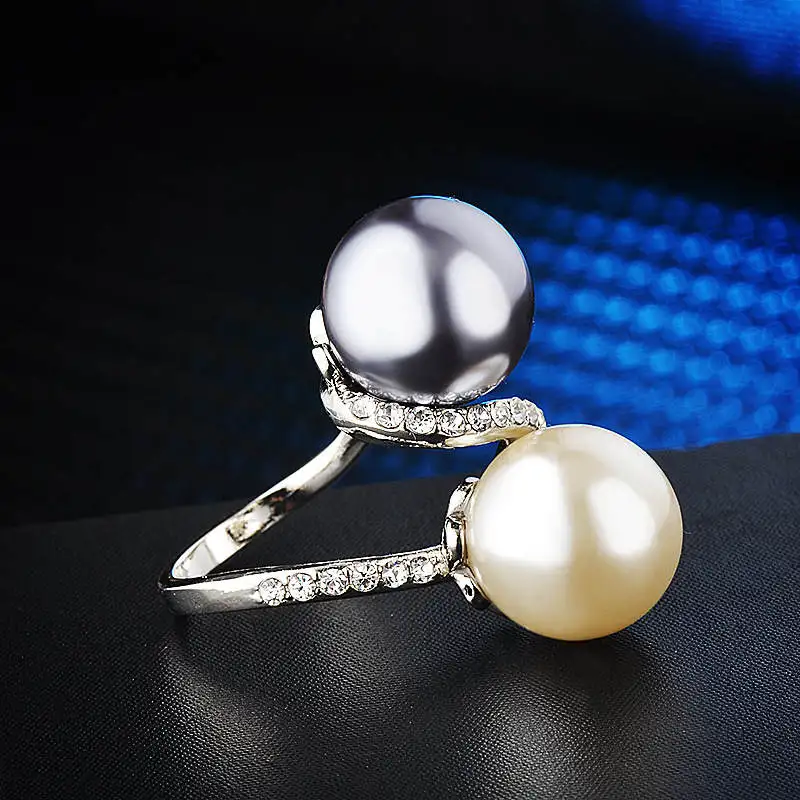 Ranzwal модные большие двойные кольца с искусственным жемчугом для женщин Стразы, инкрустация пальцев, ювелирные кольца подарочные, размер США 6~ 9