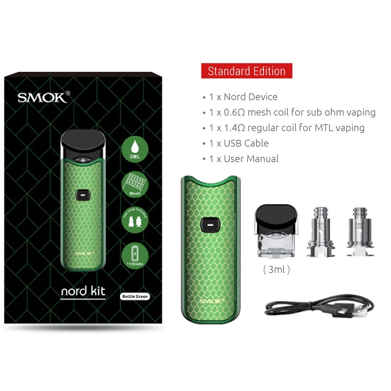 Pod Vape Smok Nord Kit 1100 мАч и 3 мл картридж подходит для nord mesh/mesh MTL coil электронная сигарета