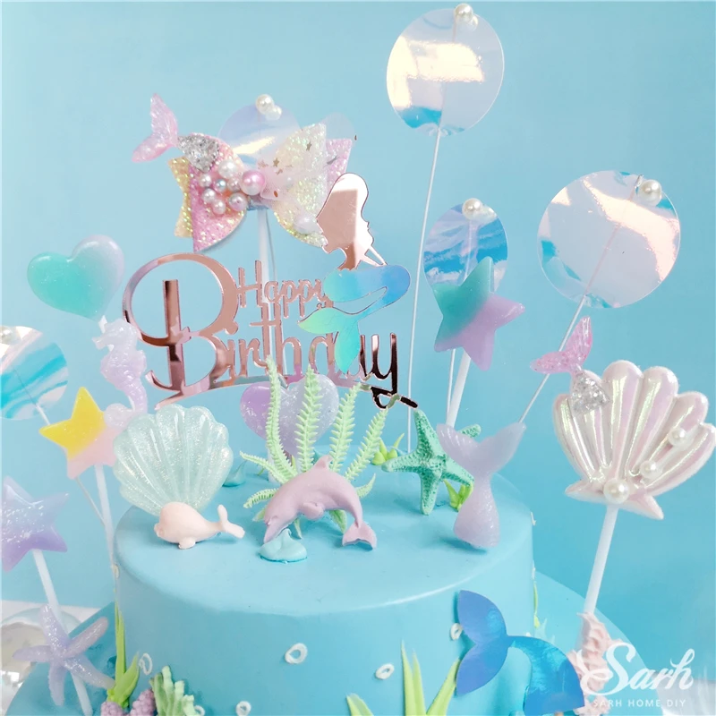 Mermaid Happy Birthday Shiny Shell Fishtail Cake Toppers Starfish For Children S Day Wedding Party Supplies Baking Lovely Gifts Cake Decorating Supplies Aliexpress