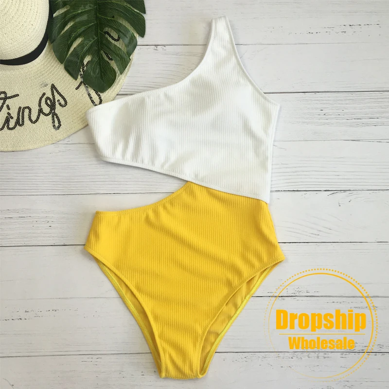 

2018 Sexy One Piece Swimsuit Splice One Shoulder Push up Monokini Backless Summer Beach Swimming Pool Hollow Swimwear Body Suit