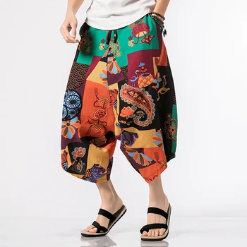 

M-5XL Summer plus size cotton Linen mens Harem Pants male loose hip hop big men Wide leg elastic waist Calf-Length Pants