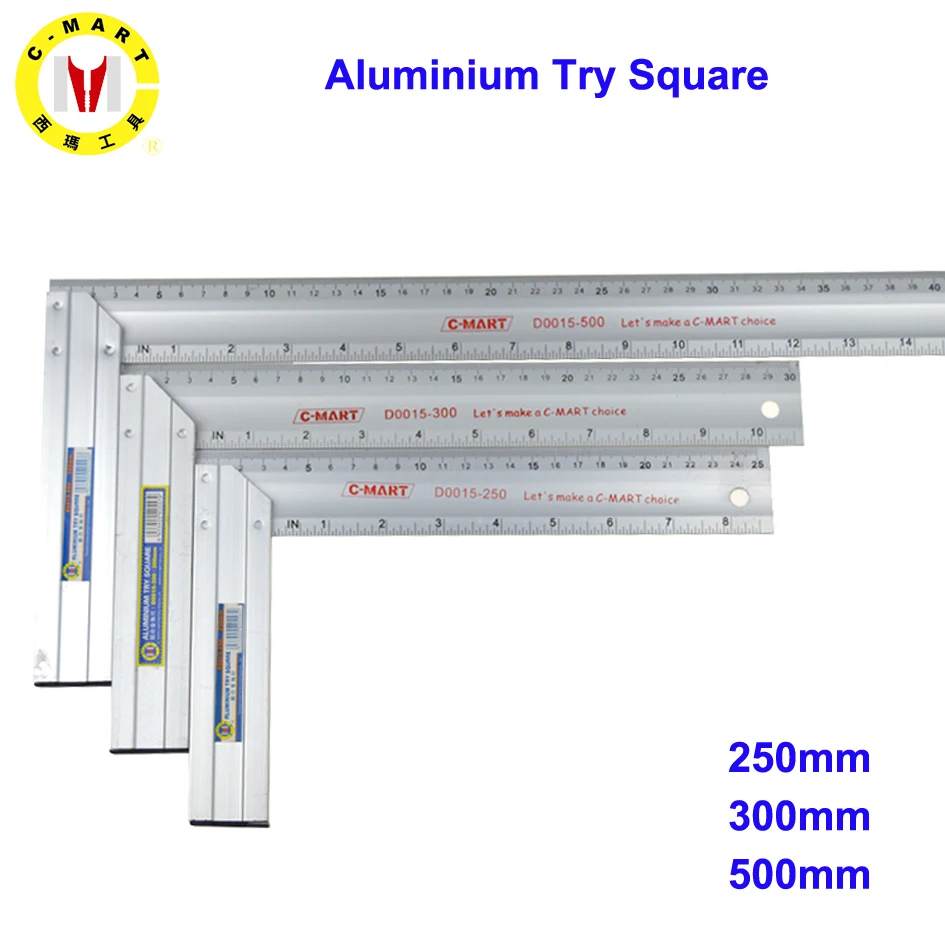 

C-Mart Aluminium Try Square woodworking Alloy Angle Ruler 90 Measurer 250 300 500mm Measuring Tool D0015