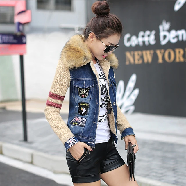 Jeans Veste Hiver Oxant Manches De Pour Épaissir Fourrure Nouvelle Xc252 À Denim Longues Mince Avec En Polaire Jean Femmes Col HIDE29