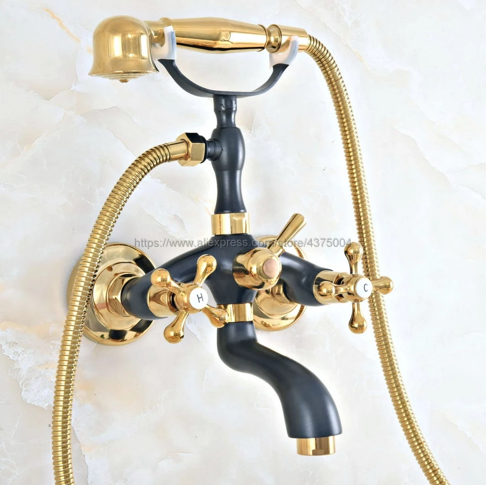 

Black Gold Brass Wall Mounted Bathroom Clawfoot Bathtub Faucets Basin Sink Mixer Tap Tub Shower Faucet & Hand Shower Ntf01
