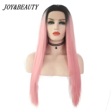 JOY& BEAUTY завязанные вручную черные корни до розового Омбре высокотемпературные волокна волос Длинные прямые бесклеевые синтетические волосы на кружеве парик