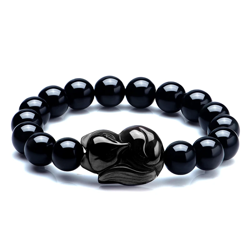 Натуральный камень, черная Обсидиановая лиса, подвеска, браслет из бисера, 8-16 мм, счастливые браслеты, один круг, ручная цепочка, браслет, подарок для мужчин и женщин
