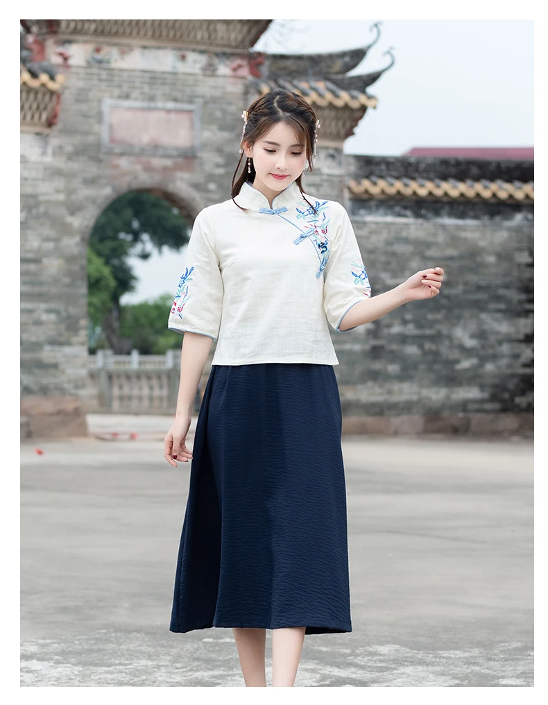 Nagodo Китайская одежда ретро Тан тонкий хлопок Cheongsam рубашка Лето Пряжка воротник Дракон девушки вышитые топ s-xxl