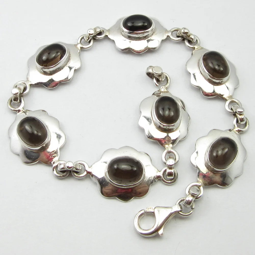 

PURE SILVER Oval SMOKY Quartzs Fashion Bracelet 7.7" ! Gem stone Jewelry