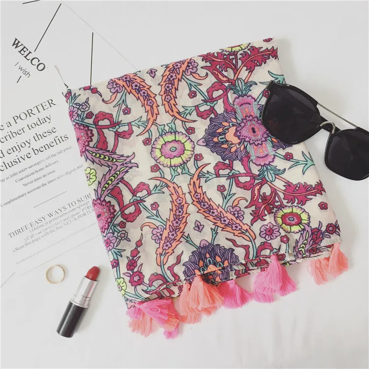 New Colorful Flower Mix Colors Cotton Tassel Scarves Fashion Woman