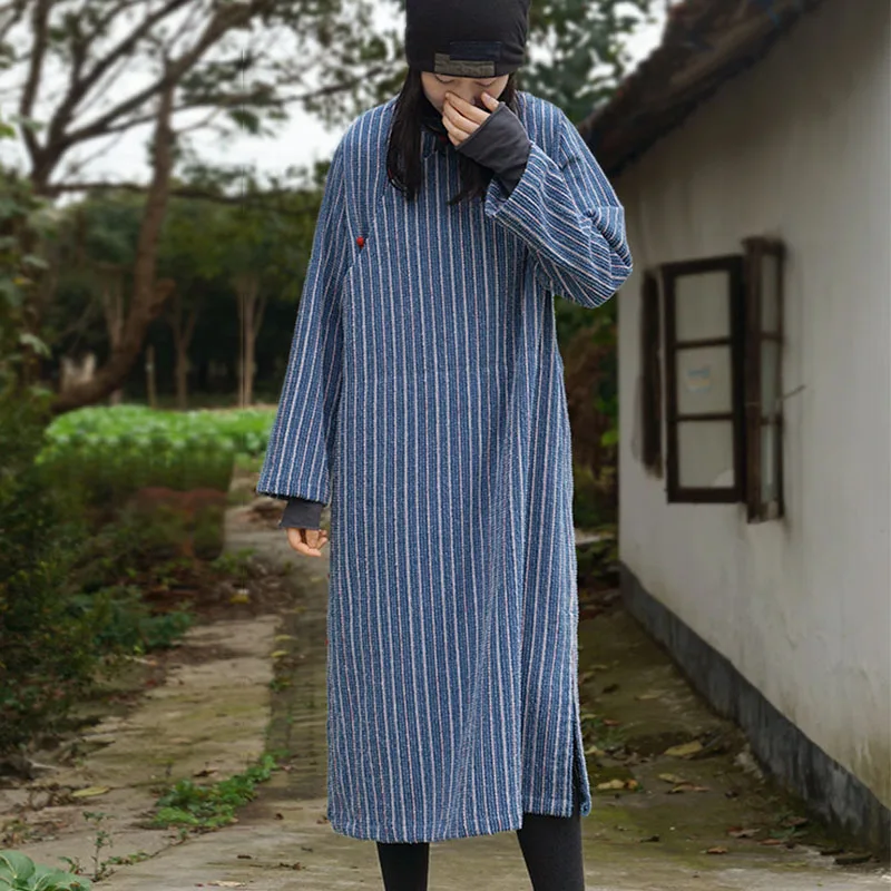 

SCUWLINEN 2019 Autumn Winter Dress Women Vintage Denim Striped Long-sleeve Loose Long Casual Cotton Improved Cheongsam P111