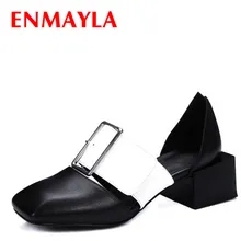 ENMAYLA Women Square Toe Chunky Heels Pumps Low Heels Slip-On Buckle Shoes Woman Genuine Leather Mixed Color Shoes Women Pumps bonjomarisa 2018 kid suede large size 33 40 women shoes woman slip on chunky heels mules pumps woman shoes