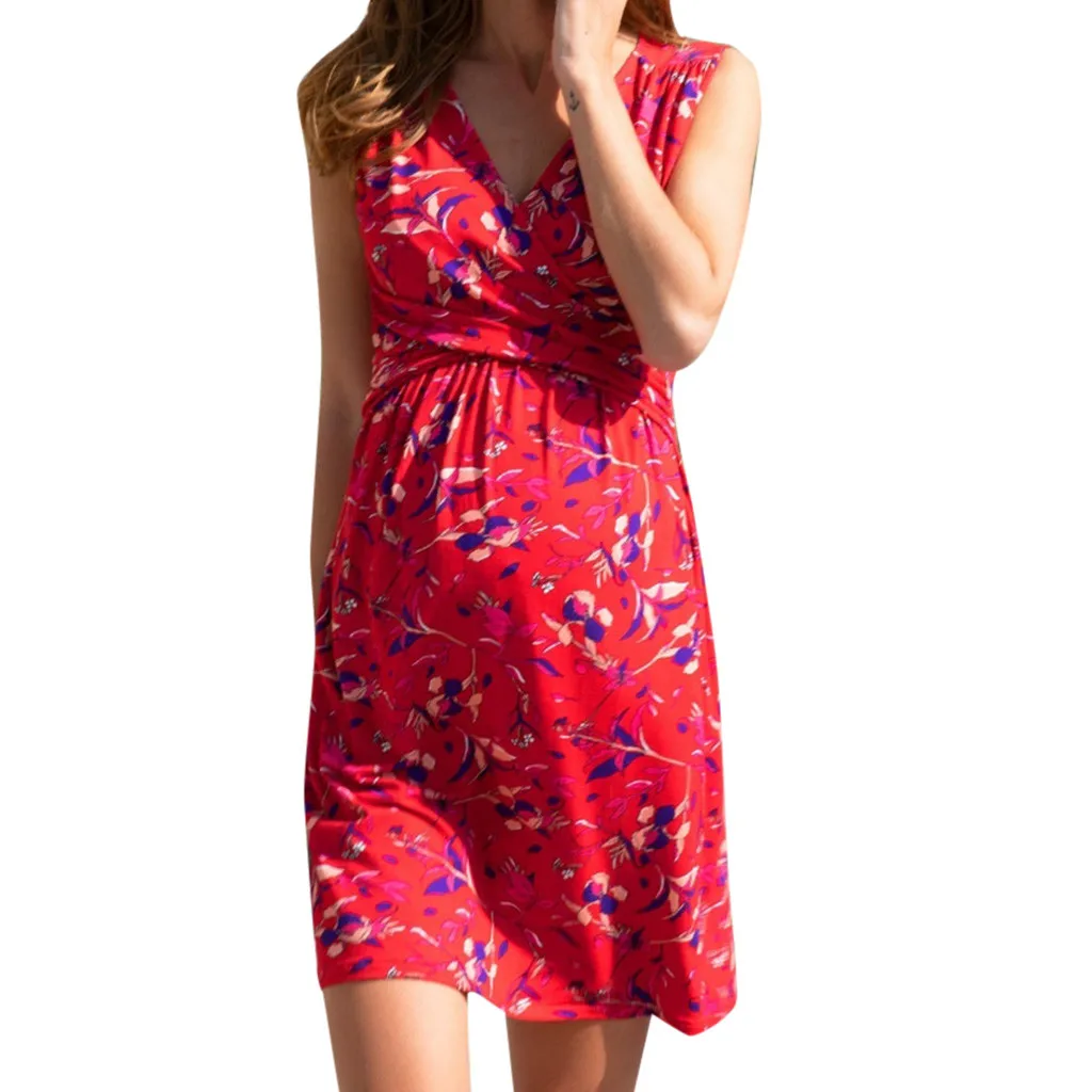 

Maternity Dress Pregnanty Sleeveless Nursing Summer V-Neck Floral Print Hawaii Style Beach Dresses Summer Mini Dress
