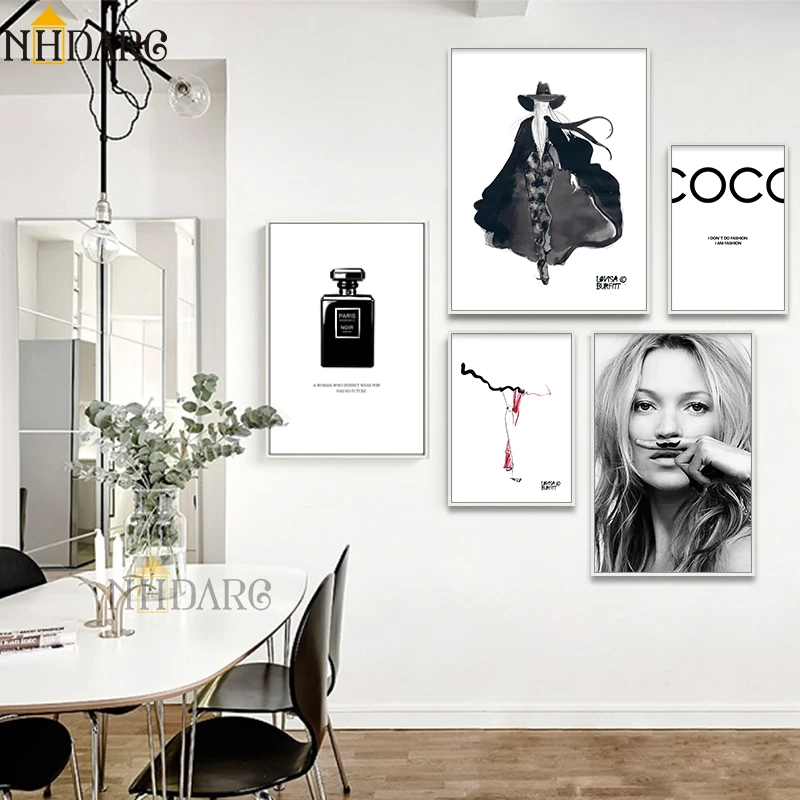 XCSMWJA Noir Et Blanc Affiche Mode Femme Affiches Verre Toile Peinture Vogue Mur Art Salon Décor 40X50Cm