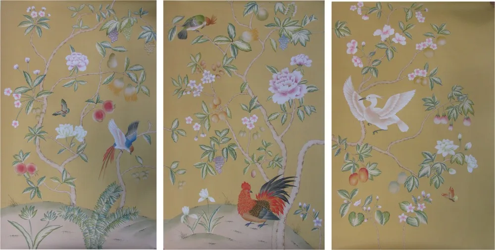 

Classic elegant Hand-painted silk wallpaper Customized painting flowers with birds and bamboo many patterns/background optional