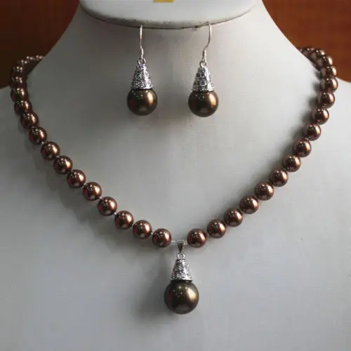 

hot sell new - Fshion 8mm Brown Pearl Necklace +14mm Hook Earring Pendant Jewelry Set